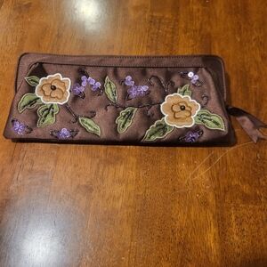 Floral Embroidered Satin Brown Clutch